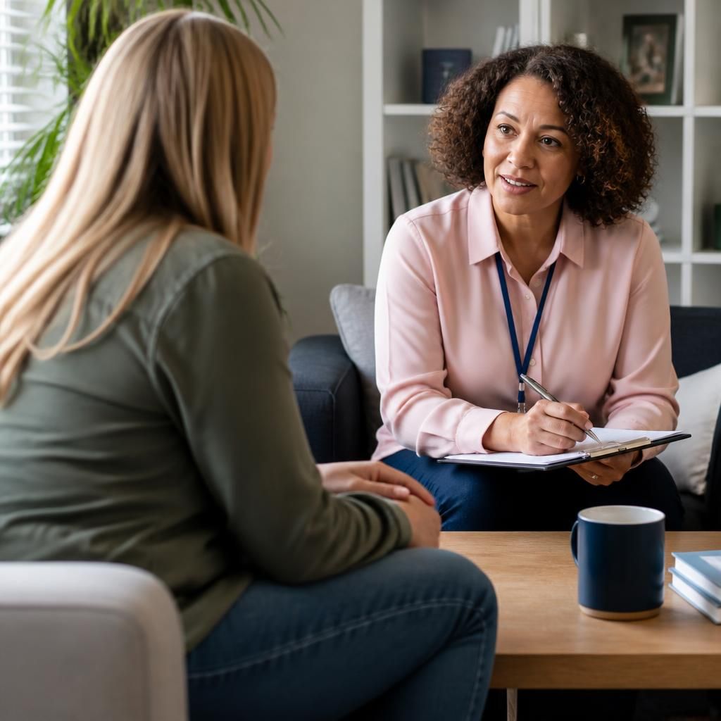 Foster carer speaking with a supervising social worker during a review meeting