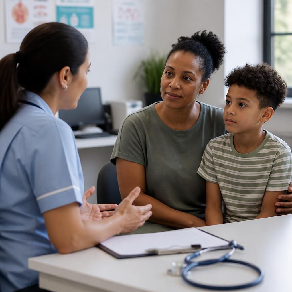 Foster parent and child speaking with a healthcare professional