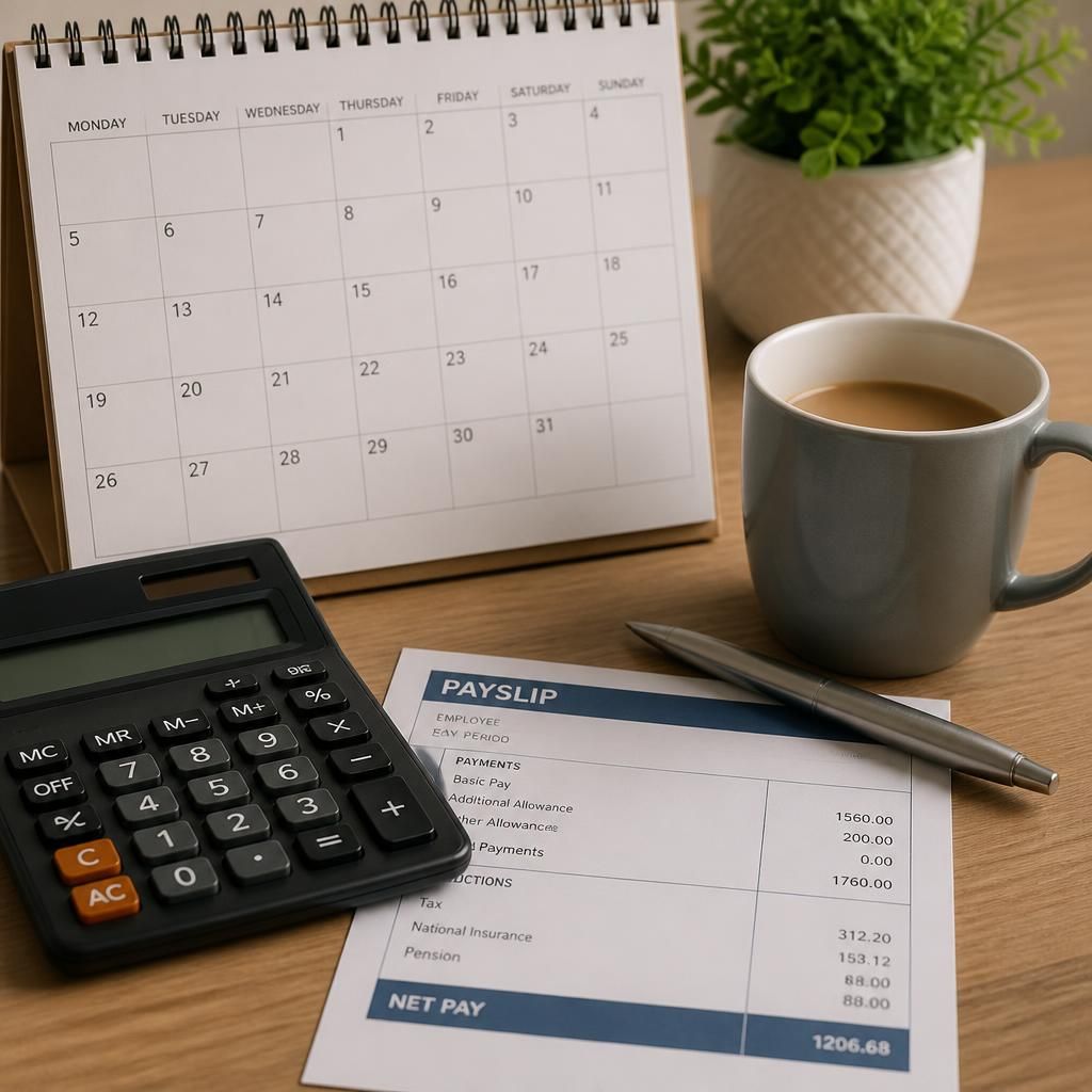 Calendar, payslip and calculator representing a foster carer's payment schedule