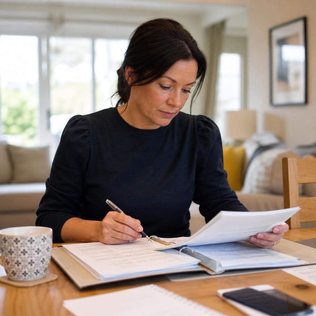 Foster carer reviewing notes and guidance about a child’s care