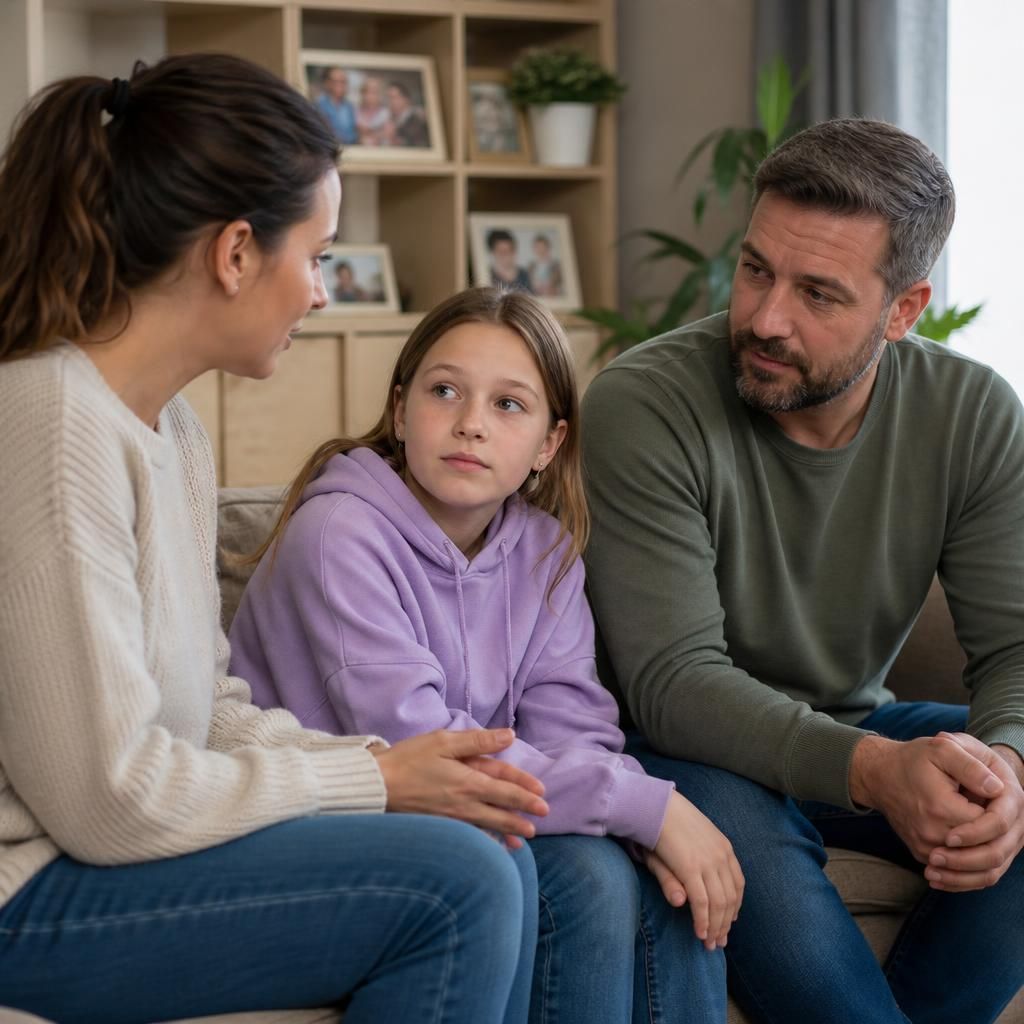 Foster parent speaking with a partner and child at home
