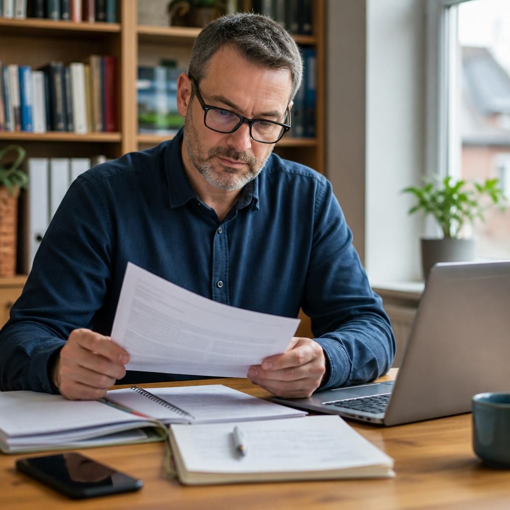 Self-employed foster carer reviewing fostering documents at a desk