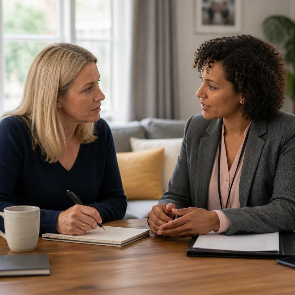 Foster parent and supervising social worker discussing notes at a table