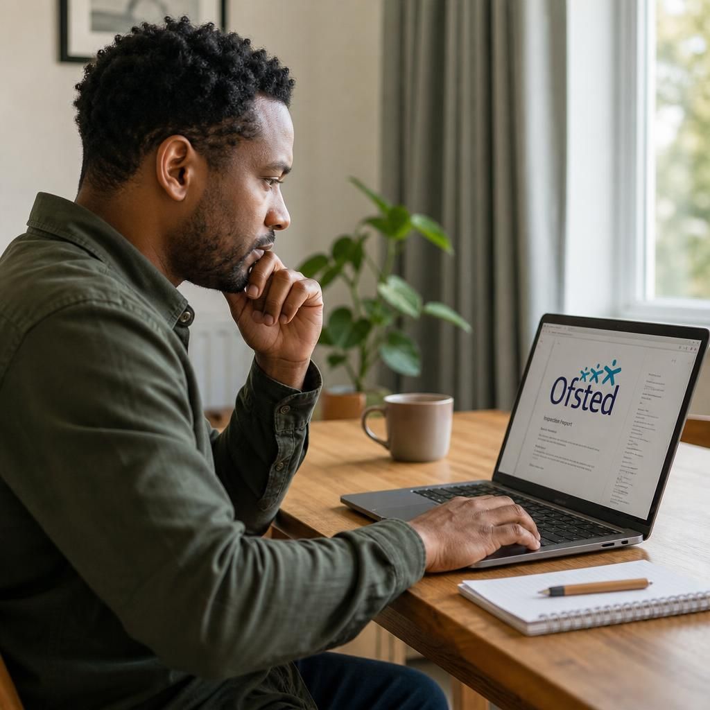 Foster carer reading an Ofsted inspection report on a laptop