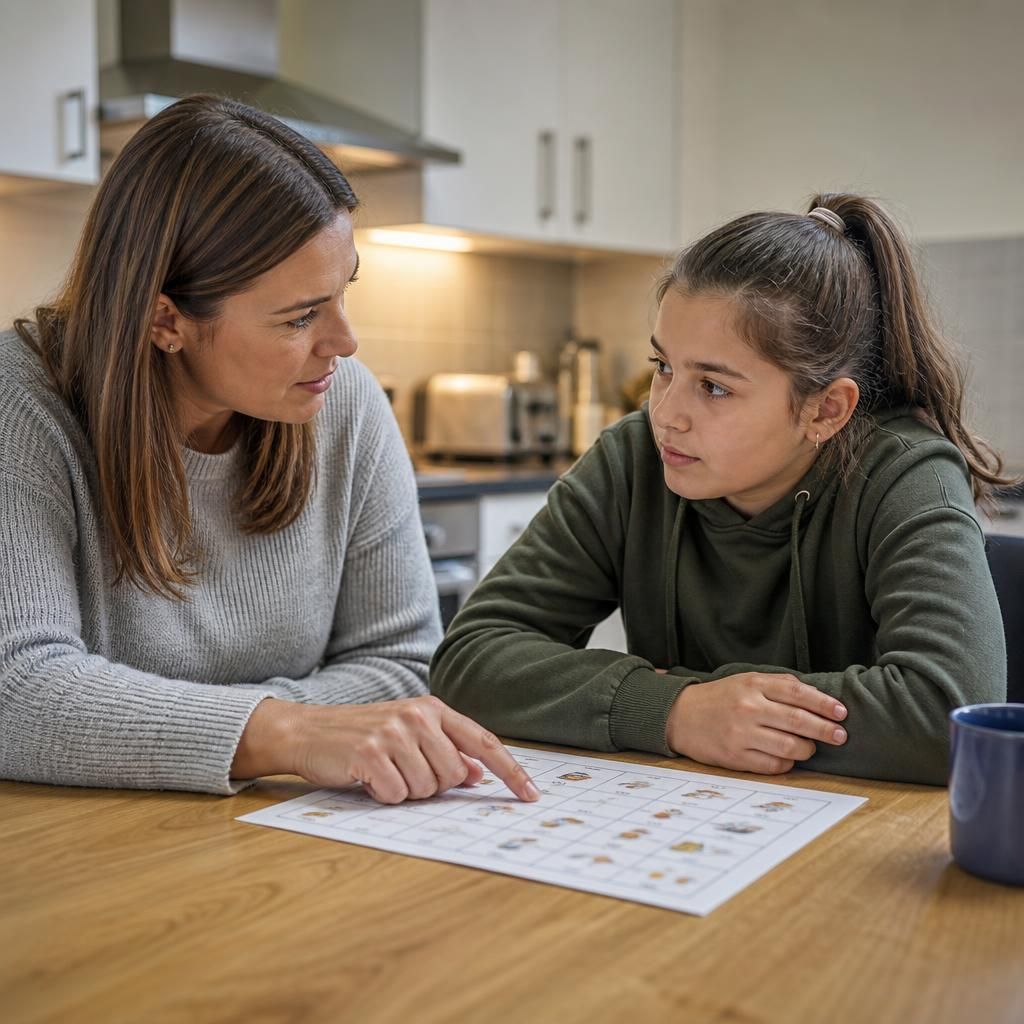 Foster carer and child discussing a household routine at a kitchen table