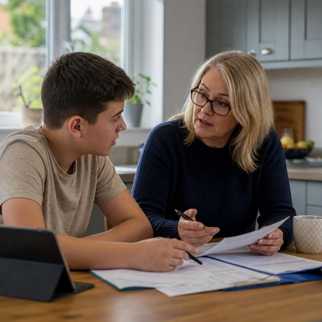 Relative and child discussing family care arrangements at a table