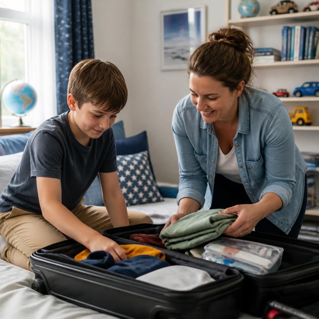 Foster carer and child packing luggage for a holiday