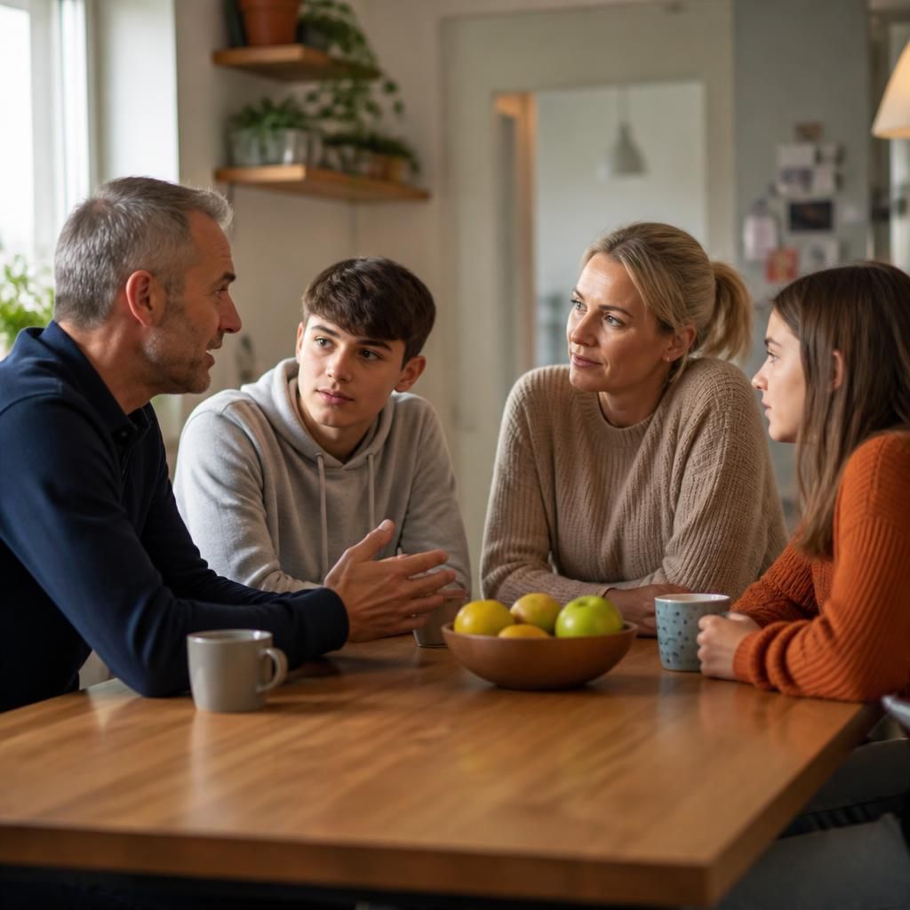 Foster family talking together around a table