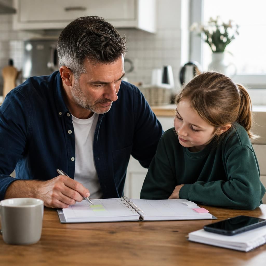 Foster carer reviewing a work schedule with a child at the kitchen table