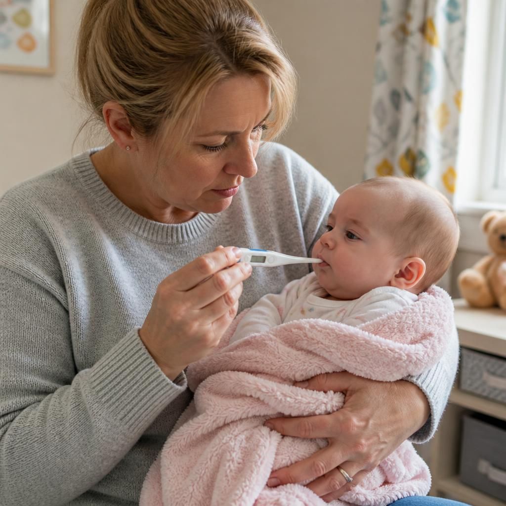 Foster carer checking a baby's temperature with a digital thermometer