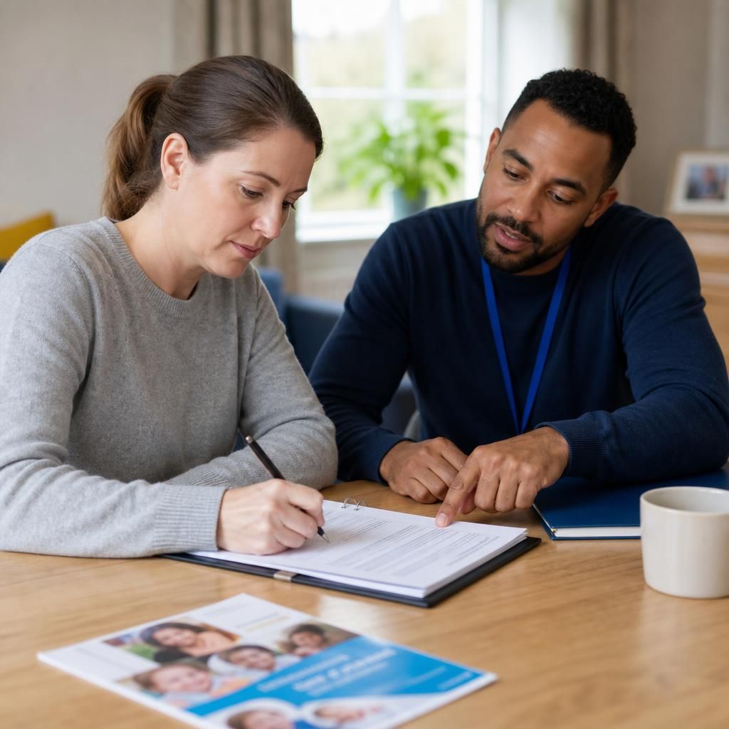 Foster carer completing an application form with guidance from an adviser