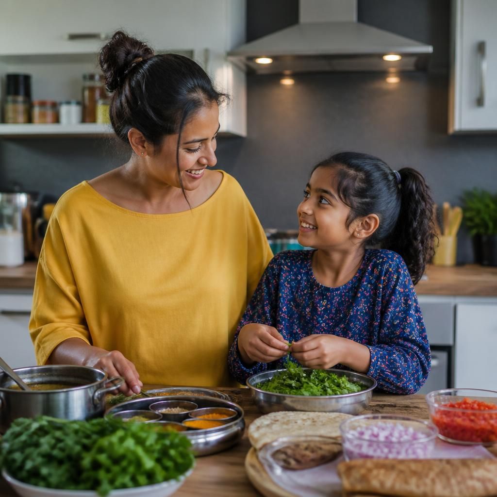 Single parent and child preparing a culturally familiar meal together