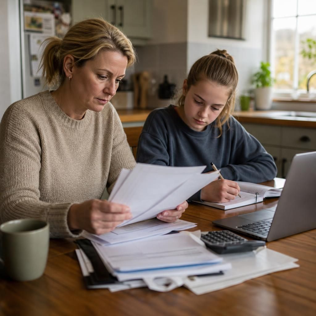 Foster carer checking household paperwork while supporting a young person with homework