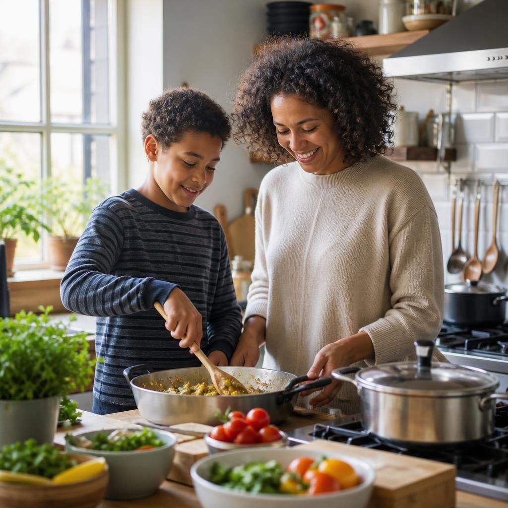 Child and foster carer preparing a traditional family meal together