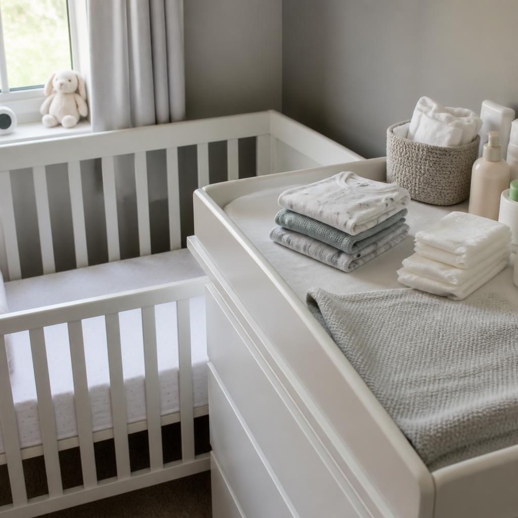 Cot beside a changing table with folded baby clothes and nappies