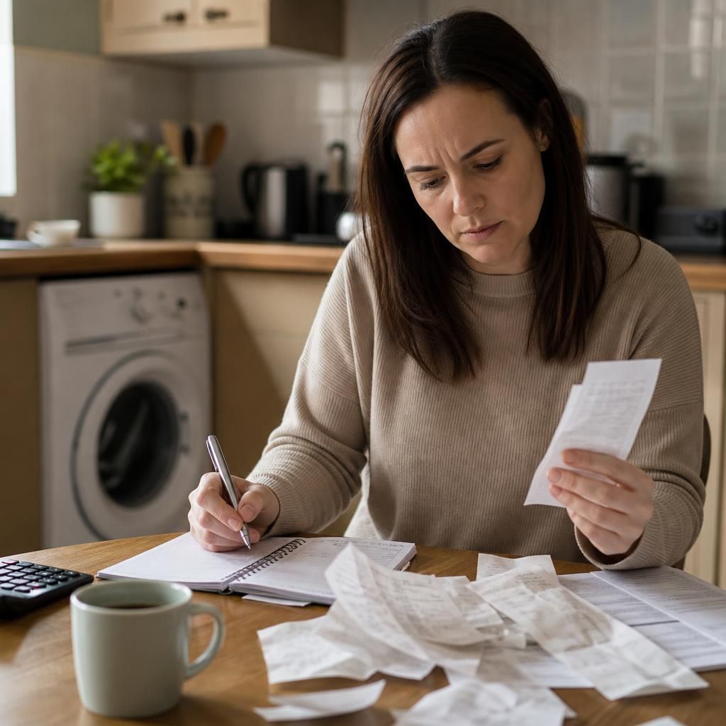 Foster carer reviewing receipts and a household budget at a kitchen table
