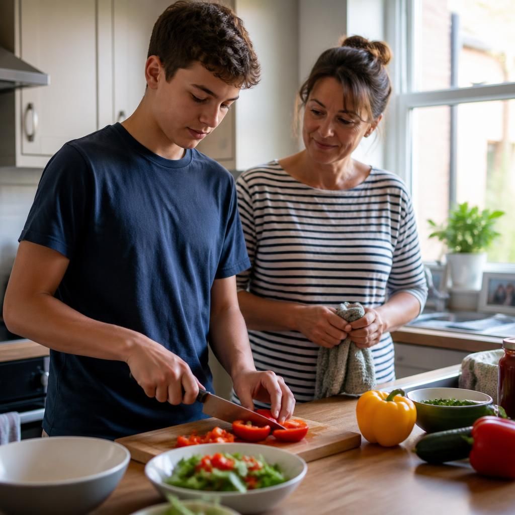 Teenager learning to prepare food in a family kitchen