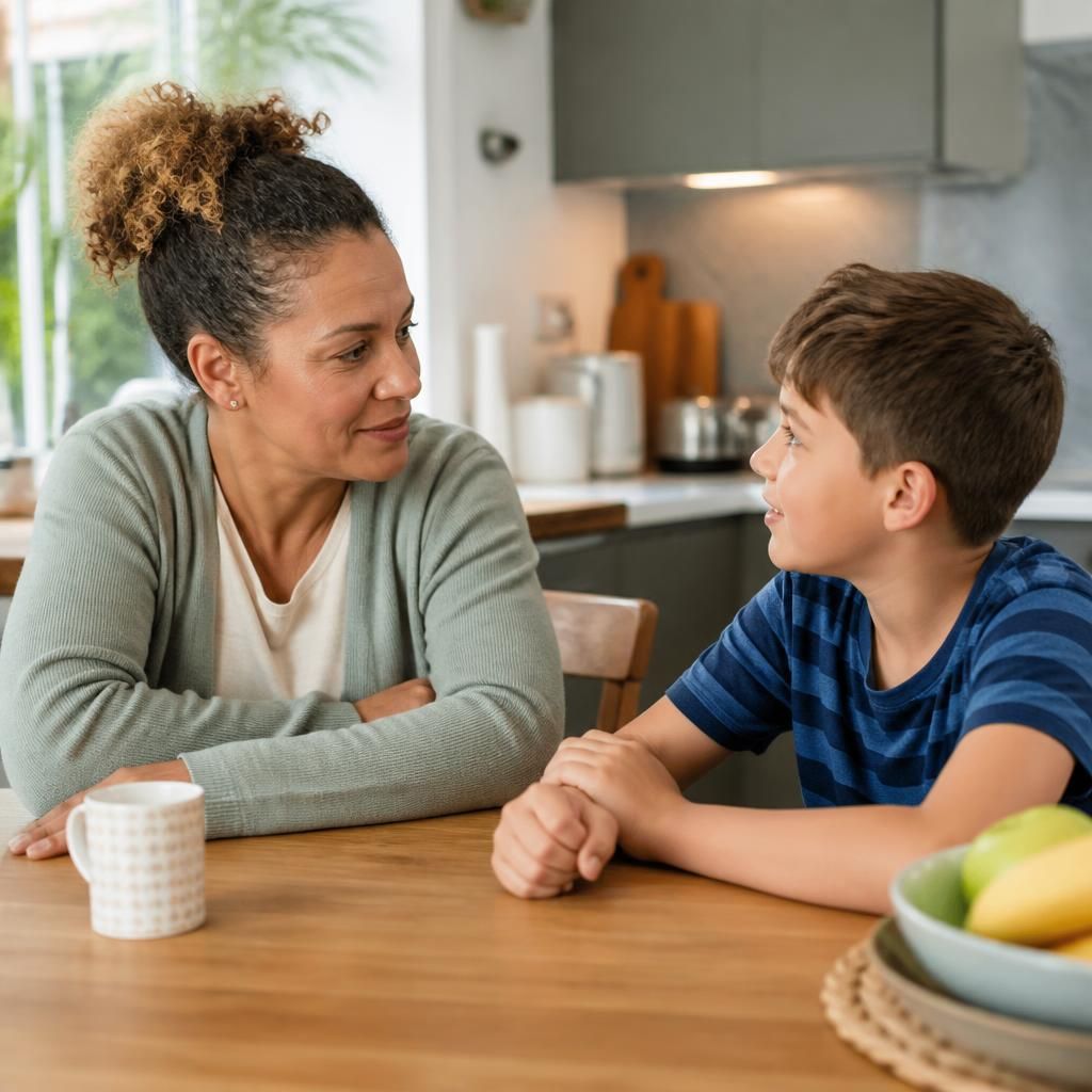 Foster carer talking with a child at a kitchen table