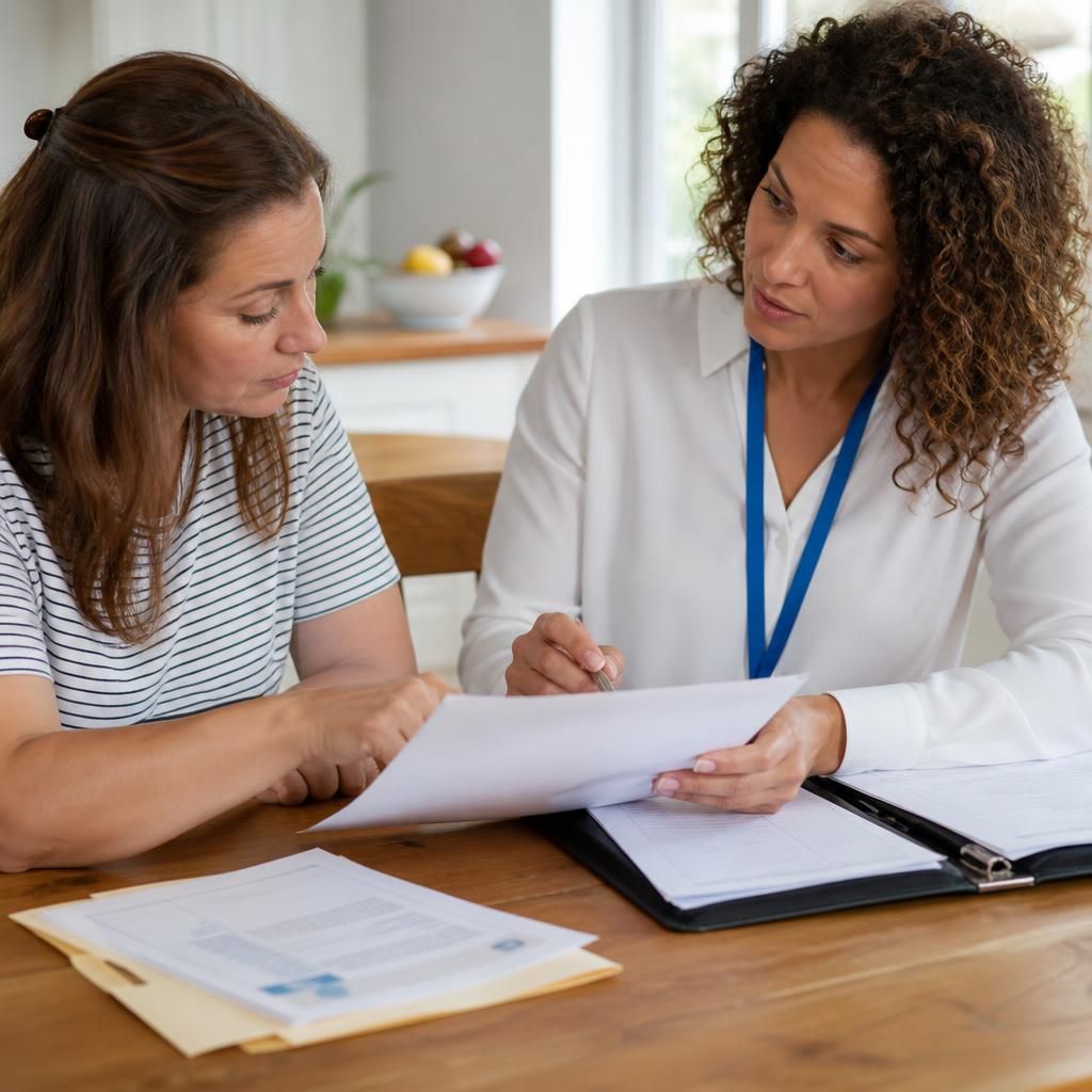 Foster carer reviewing safeguarding and assessment documents with a social worker