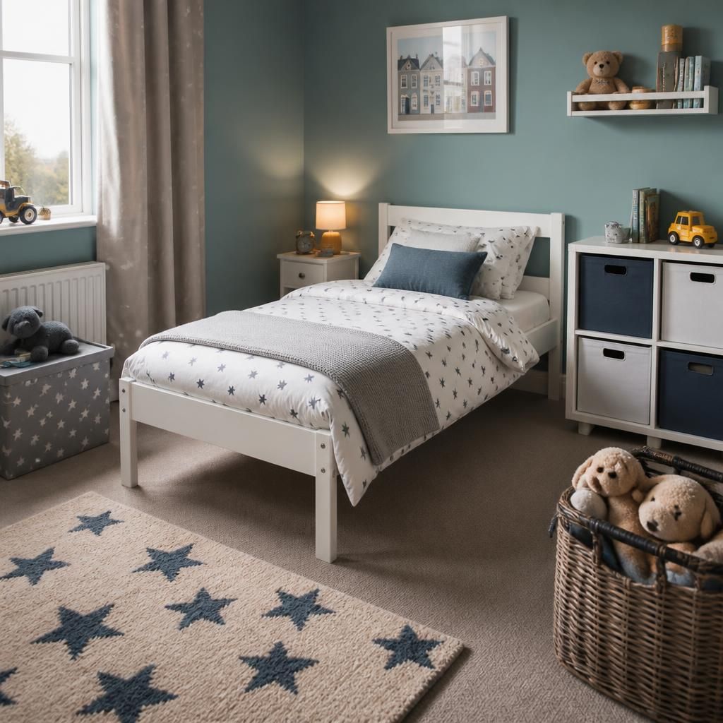 Child’s bedroom with a bed, storage and age-appropriate furnishings