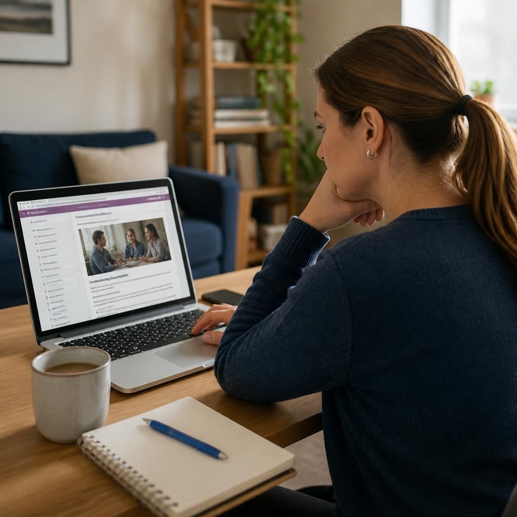 Person completing an online foster care training module on a laptop at home