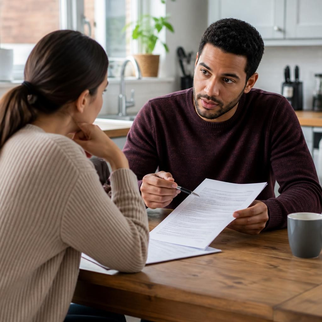 Tenant reviewing a tenancy agreement with a landlord at a kitchen table