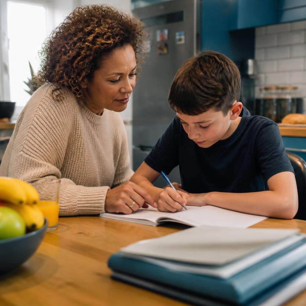 Foster carer helping a child with homework at a kitchen table