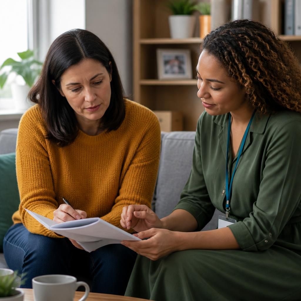 Foster carer reviewing attachment training notes with a social care professional