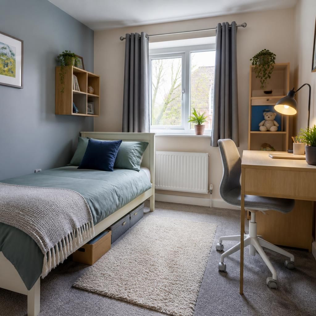 Tidy child’s bedroom with a single bed, storage and a desk