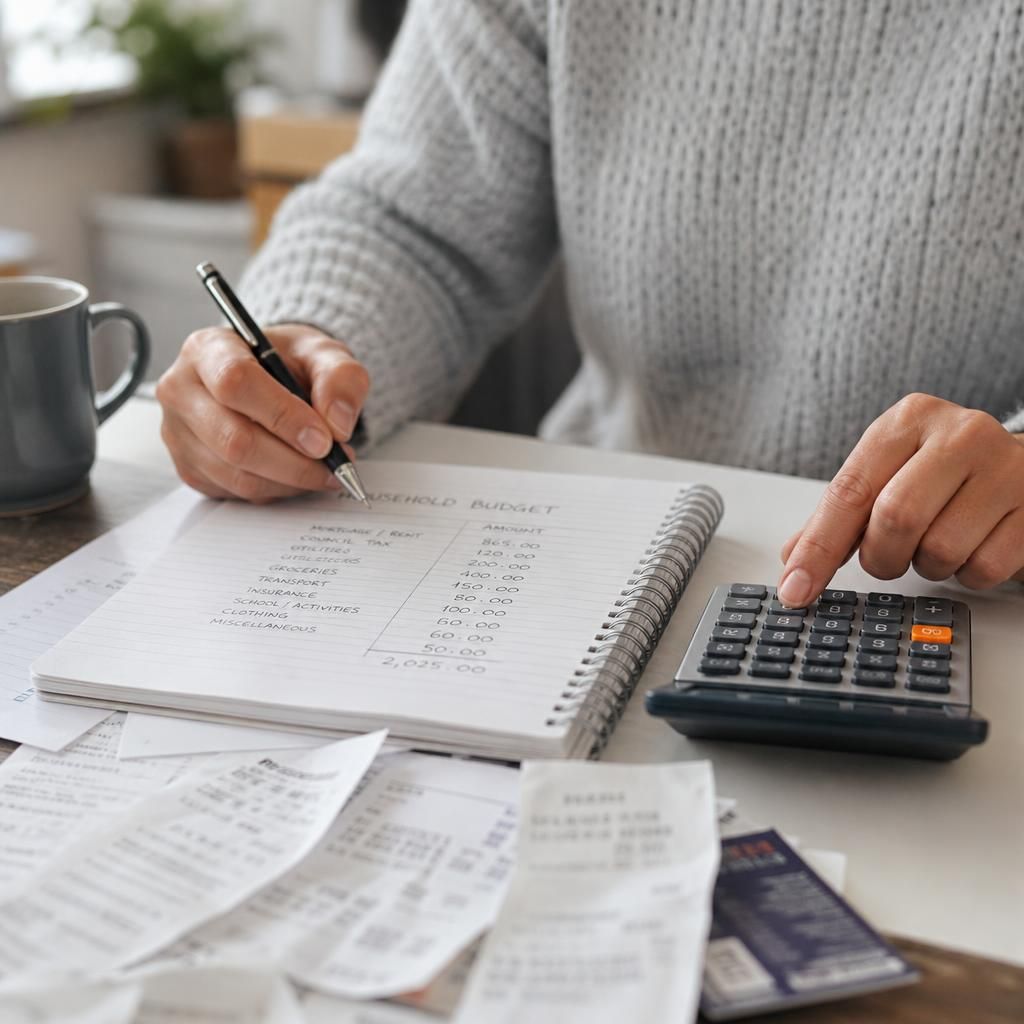 Notebook, calculator and receipts beside a household budget