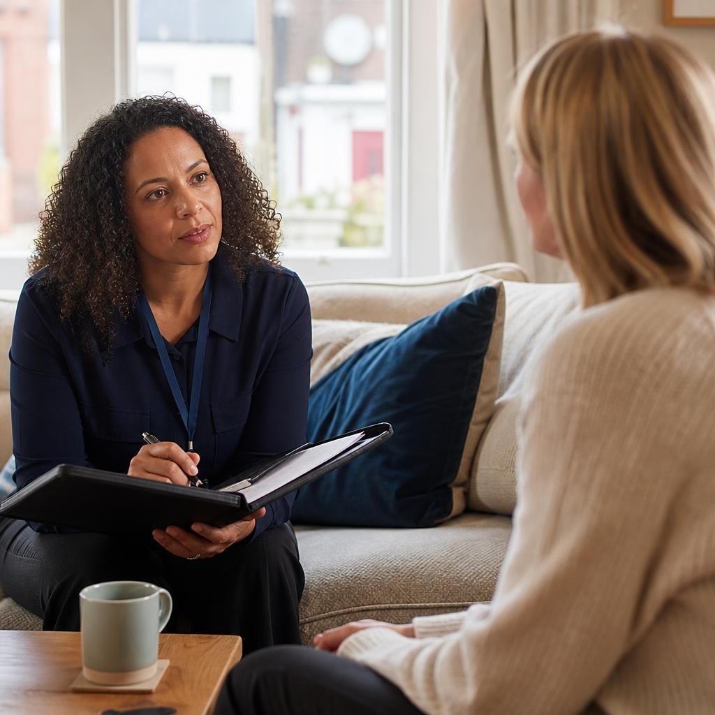 Foster carer speaking with a social worker during a home assessment