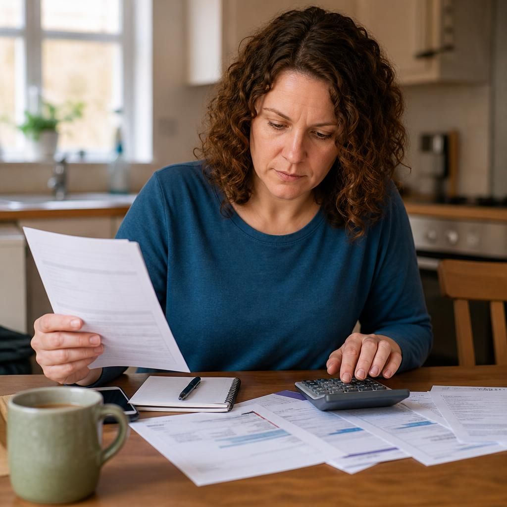 Foster carer reviewing household expenses and fostering allowance paperwork