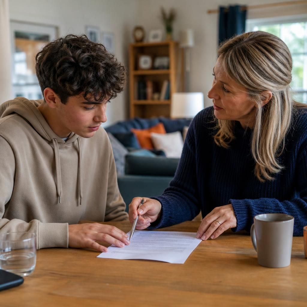 Young adult discussing a household plan with a foster carer at home