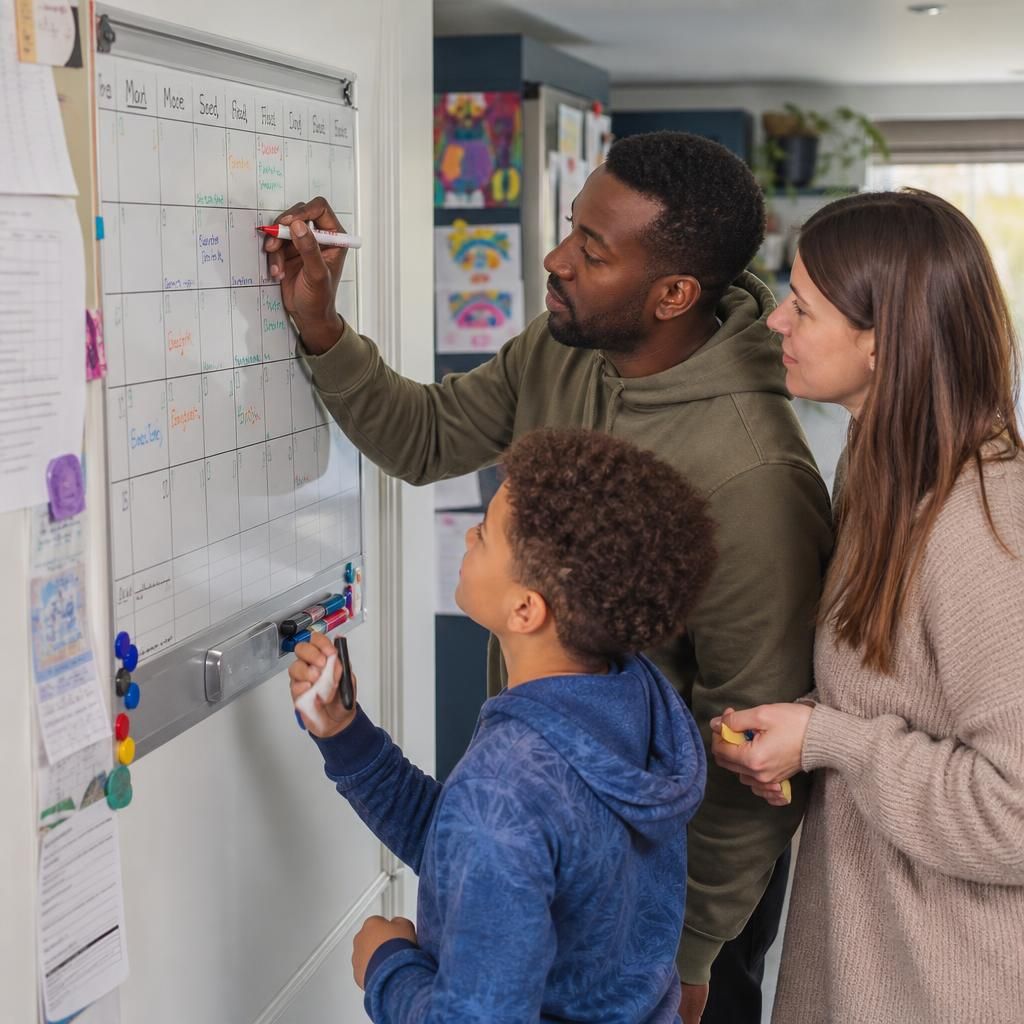 Family organising household tasks on a wall planner