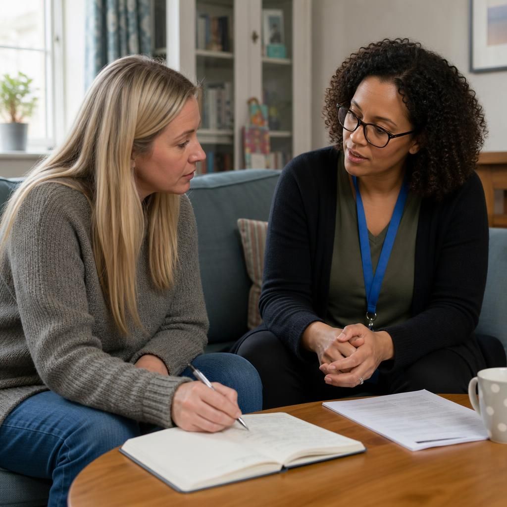 Foster carer and social worker discussing notes about a child’s progress