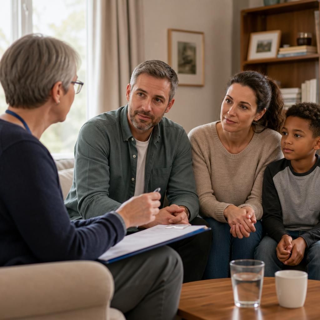 Social worker discussing a fostering assessment with a household at home
