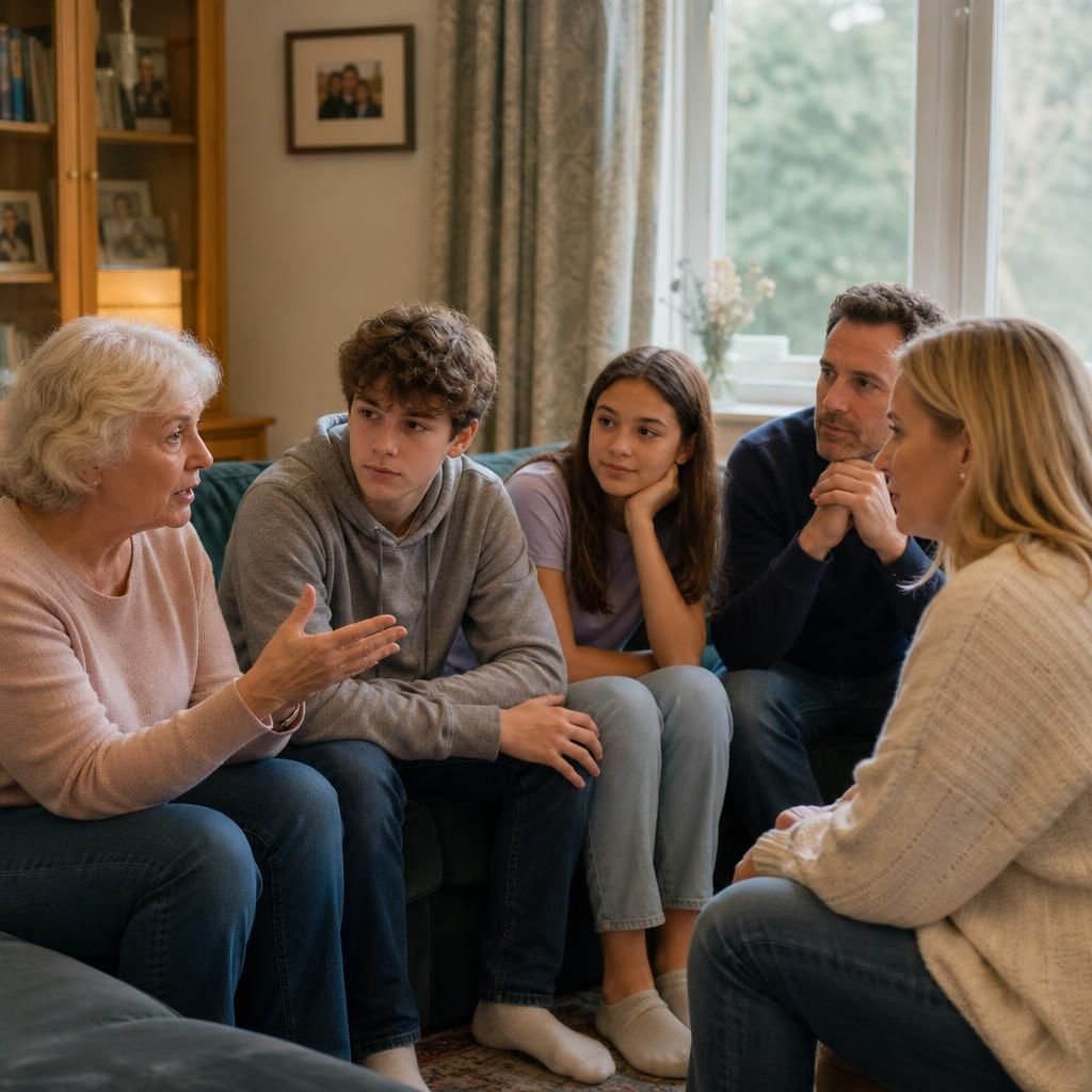 Family members talking together at home