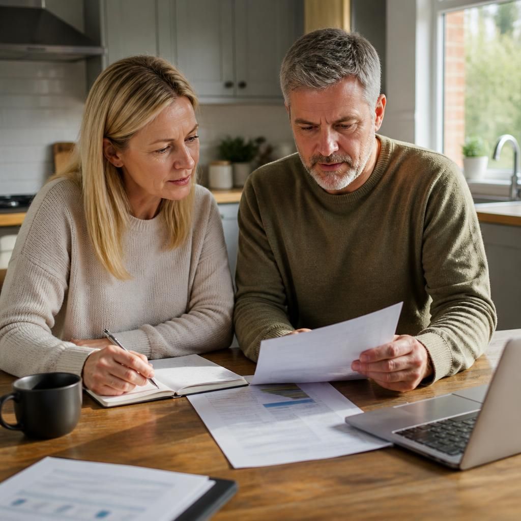 Mature couple reviewing fostering documents at a kitchen table