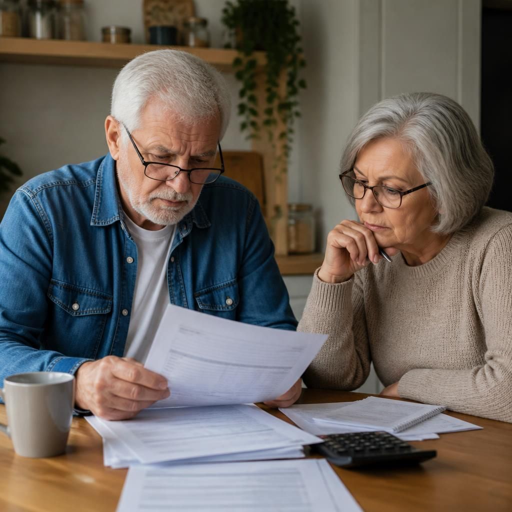 Grandparent reviewing fostering payment documents and tax records at a table