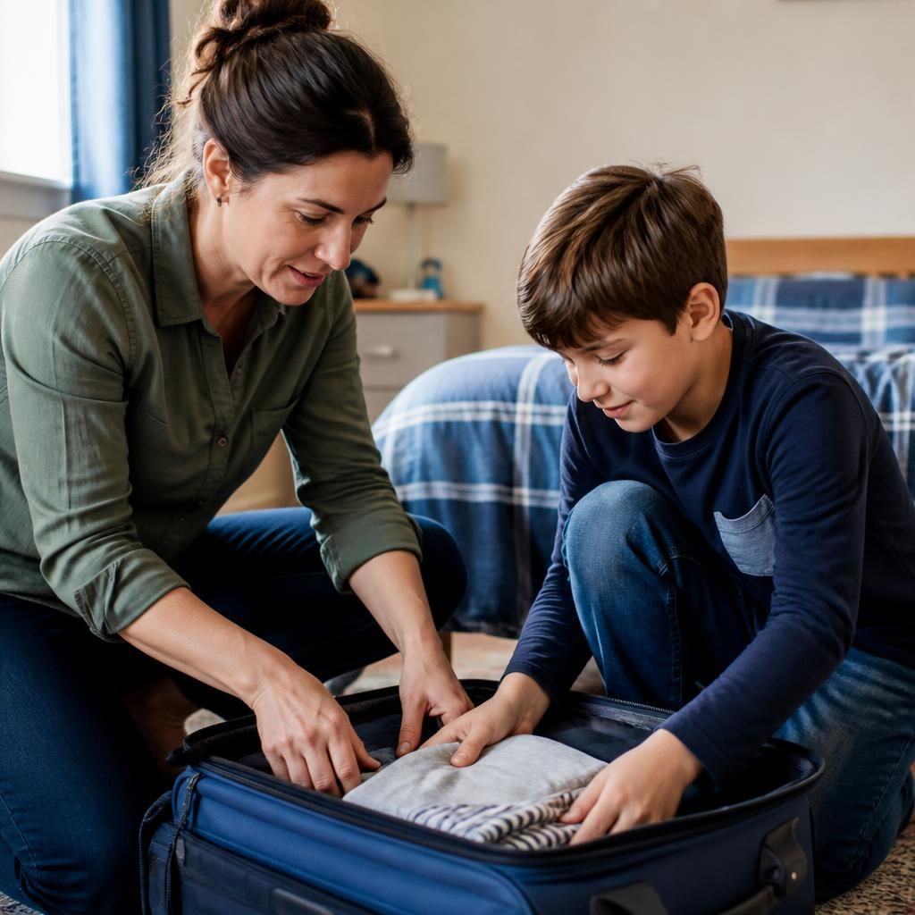 Foster carer and child preparing a suitcase for a planned short stay