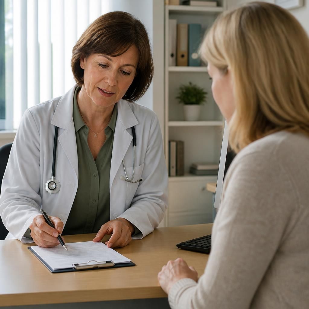 Doctor reviewing a health assessment form with a prospective foster carer
