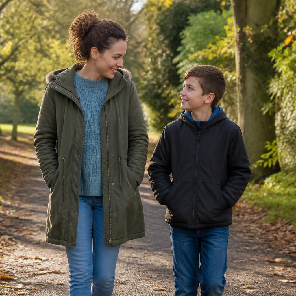 Foster carer and child walking together outdoors