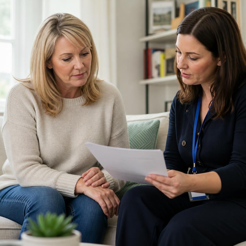 Foster carer reviewing placement information with a social worker