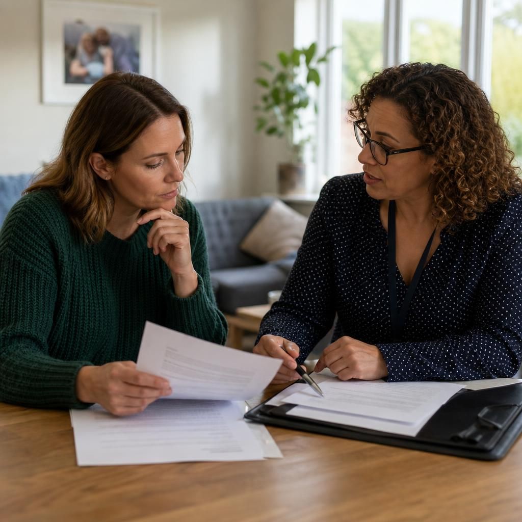 Applicant reviewing fostering assessment documents with a social worker