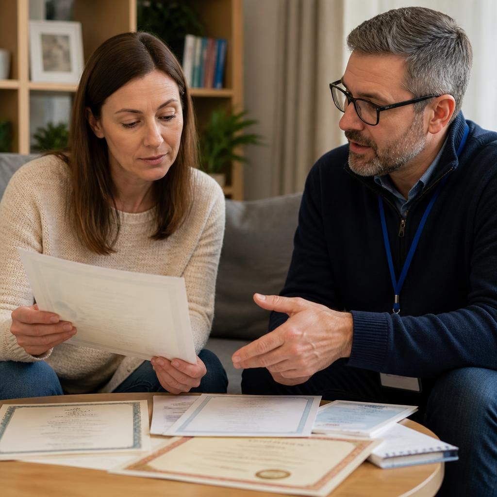 Foster carer reviewing qualification certificates with a social worker