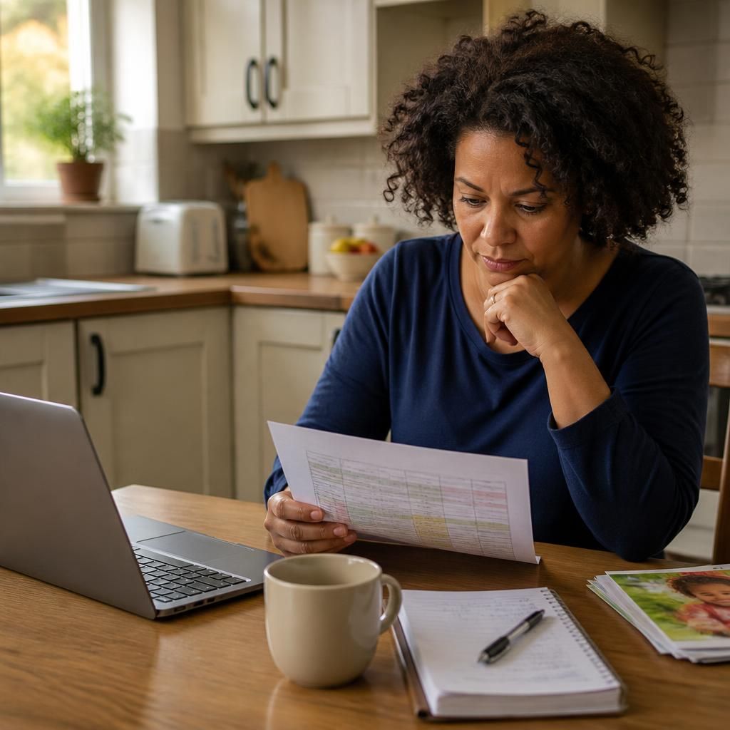 Foster carer reviewing a work schedule and childcare plans at a kitchen table