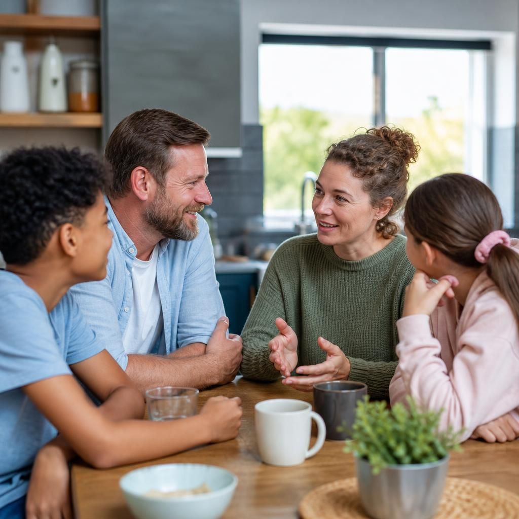Children and foster carers talking together around a table