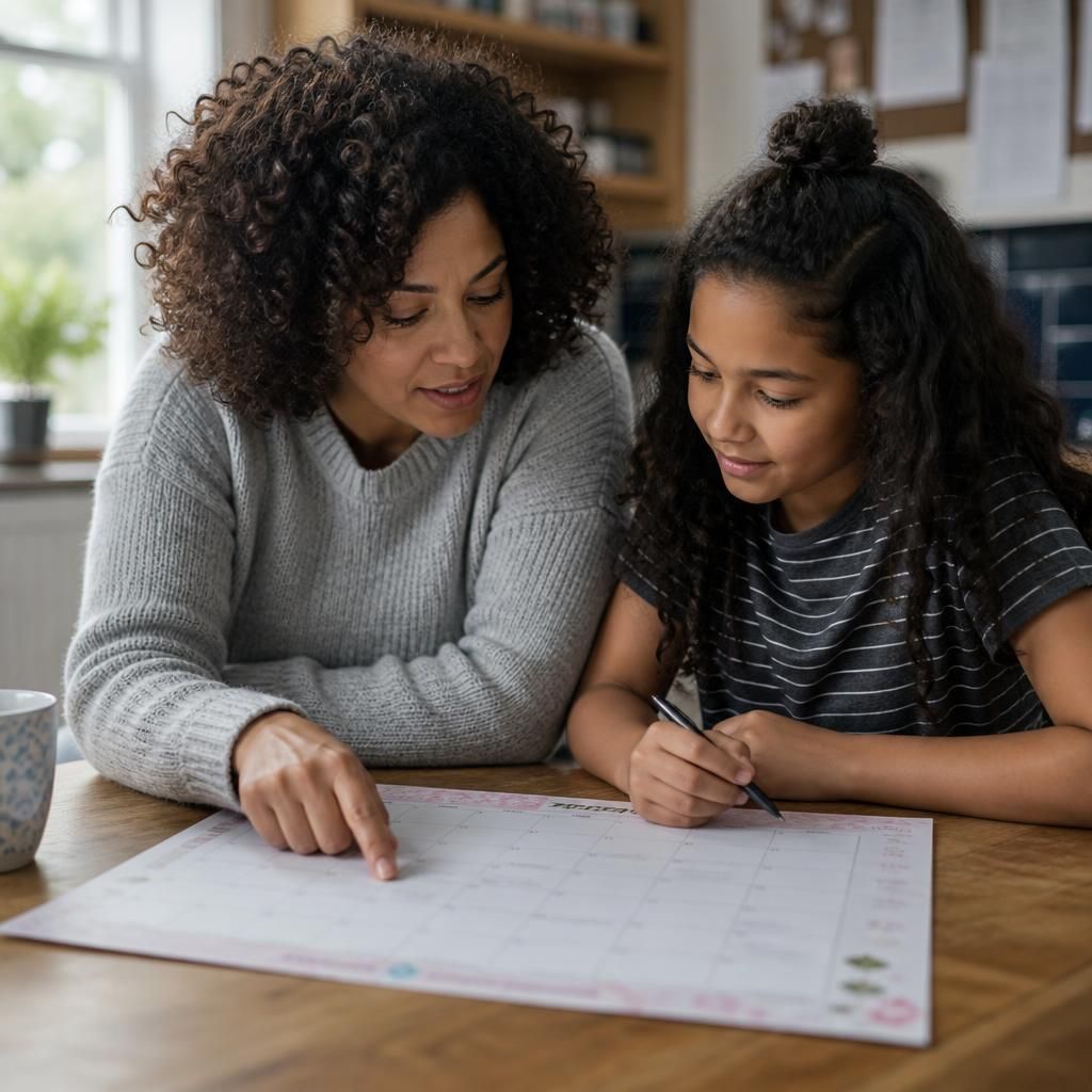 Foster carer and child looking through a calendar