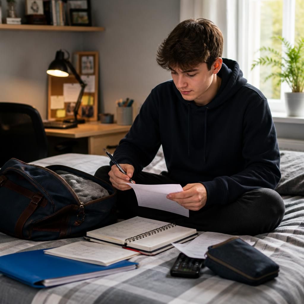 Young person organising personal belongings and planning a task