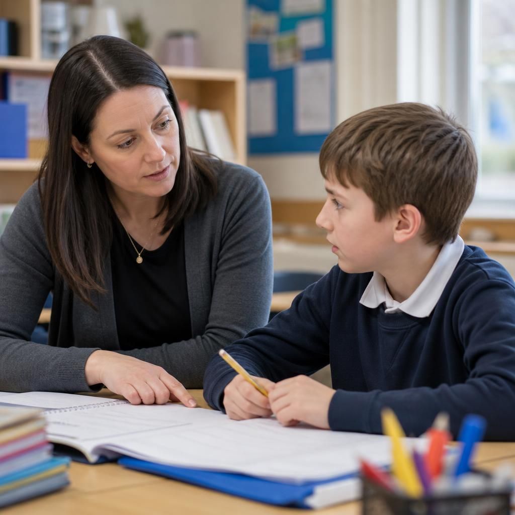 Foster carer talking with a child at a school desk